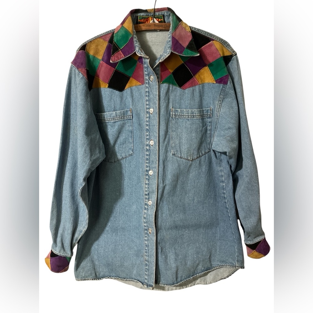 Vintage Suede and Denim Seruchi Shirt Size L Western Rodeo Festval Hippie